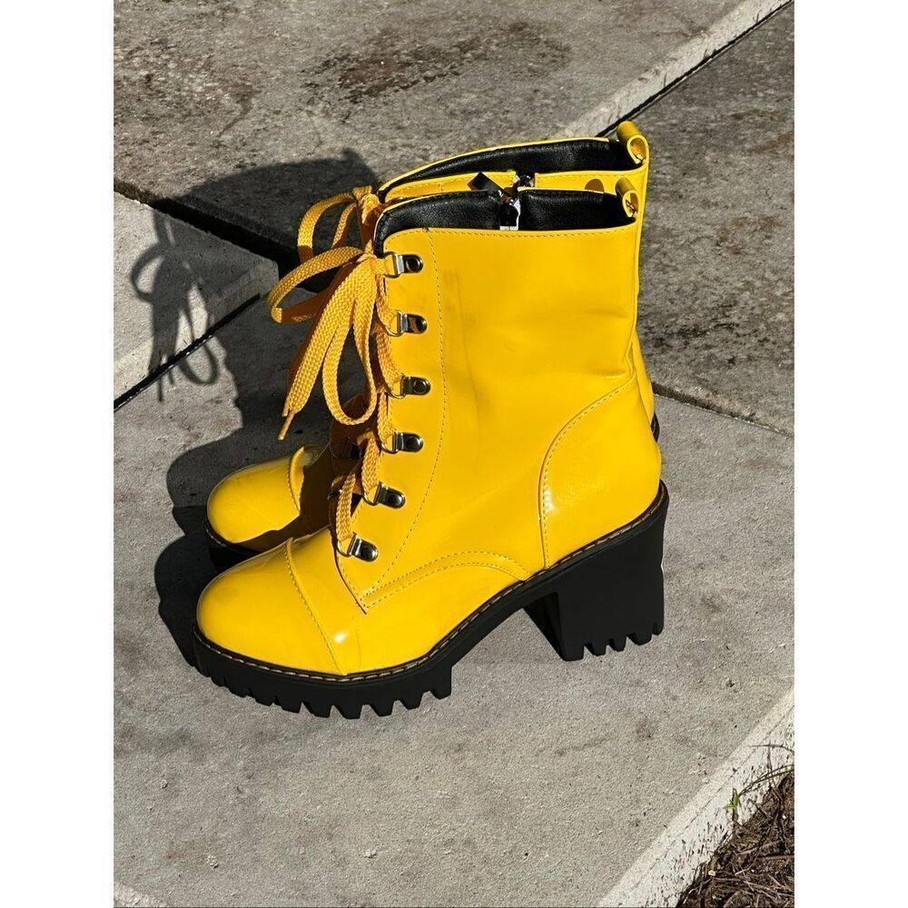 SunnyYellow Shiny Pleather Mid Calf Boot Size 9.5 - Picture 3 of 11